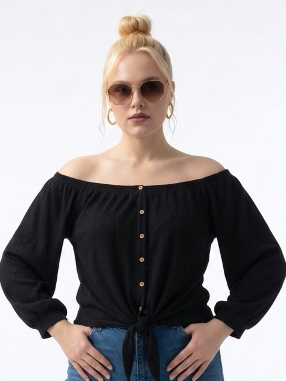 UNBRANDED | Black Textured Off-Shoulder Button Front Tie Top Women’s Size Large